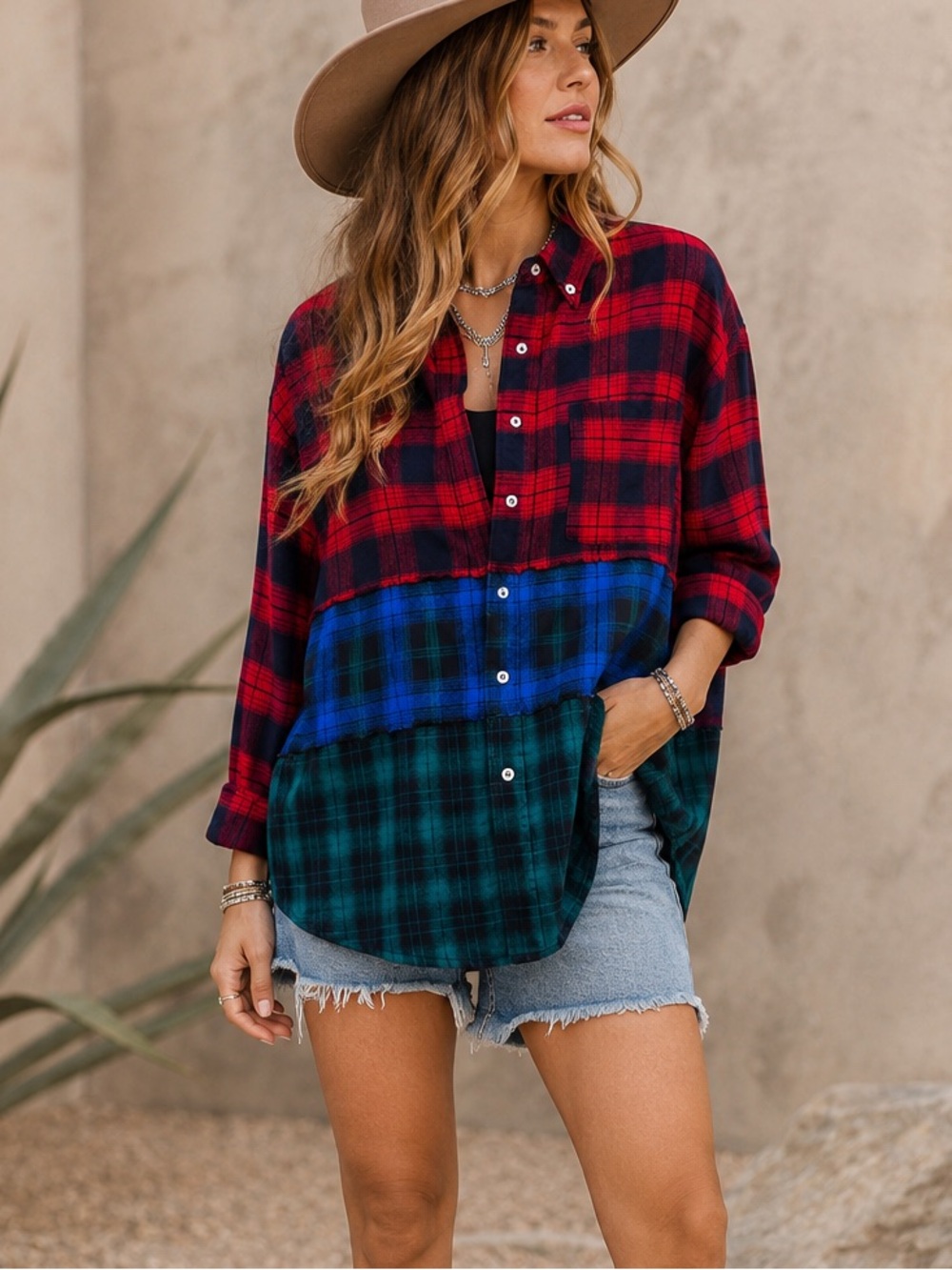 SUGARFOX Patchwork Plaid Flannel Button Up Shirt L Cabincore Cowgirl Festival